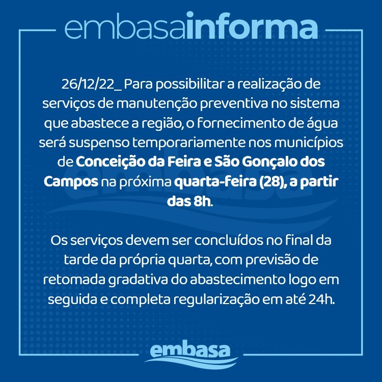 Embasa suspenderá abastecimento na quarta (28) em Conceição da Feira e São Gonçalo dos Campos